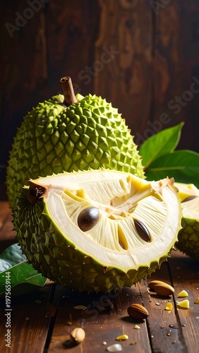 A baobab fruit cut open on a wooden table with seeds scattered