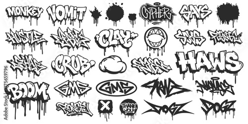 Set of various black and white graffiti tags and lettering styles for street art urban design vector illustration