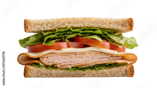 Fotografia Hearty turkey sandwich with lettuce tomato and cheese, isolated on transparent b