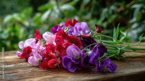 Vibrant Bouquet of Sweet Peas in Various Colors Including Pink Red Purple and Burgundy Displayed on a Textured Wooden Surface with Lush Green Foliage in Soft Natural Light