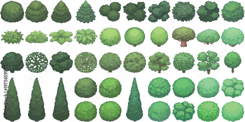Collection of various top view trees and bushes for landscape architecture and map design vector illustration