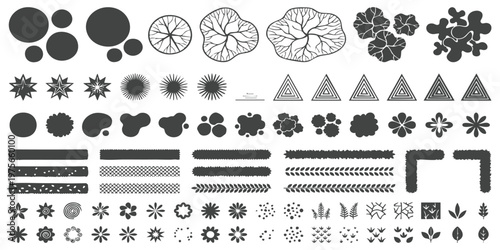 Set of architectural landscape design elements for floor plans including trees shrubs and decorative patterns vector illustration
