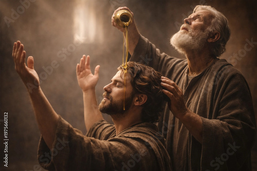 The prophet Samuel anoints young David with oil in a sacred biblical ceremony.