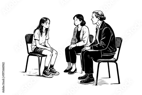 Emotional family counseling scene with sad teenager and two adults in discussion, black and white sketch on white background, concept of mental health