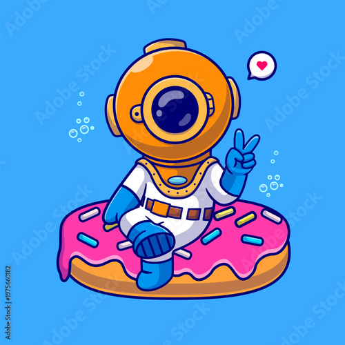 Cute Diver Sitting On Doughnut Cartoon