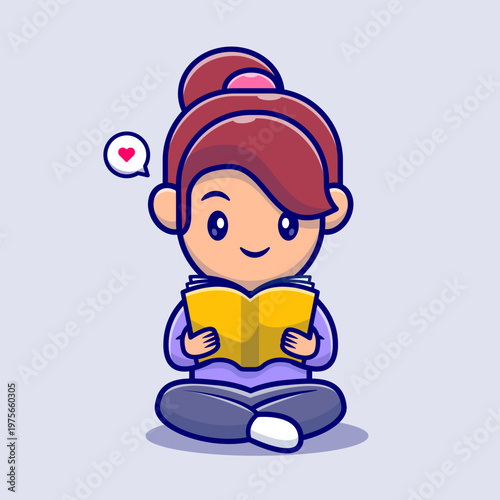 Cute Girl Reading Book Cartoon 