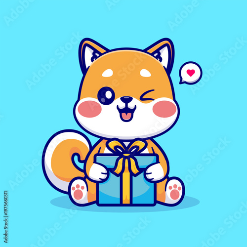 Cute Shiba Inu Dog Holding Gift Box Cartoon