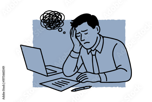Frustrated office worker with thought cloud, hand on head, sitting at desk with laptop and paper, hand-drawn sketch on blue background