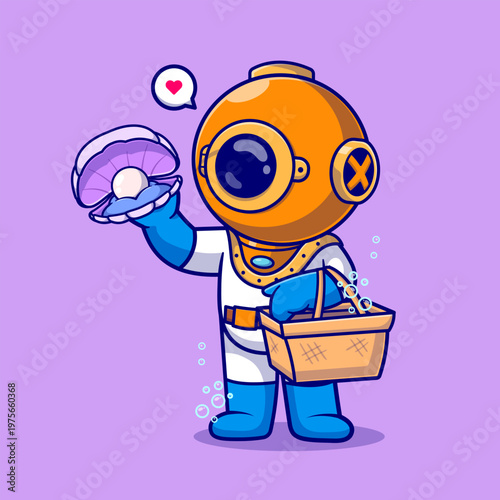 Cute Diver Holding Basket With Pearl Shell Cartoon