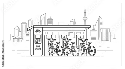 Bicycles parked at bike rental station.