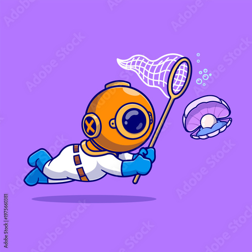 Cute Diver Catching Pearl Shell With Fishing Net Cartoon 