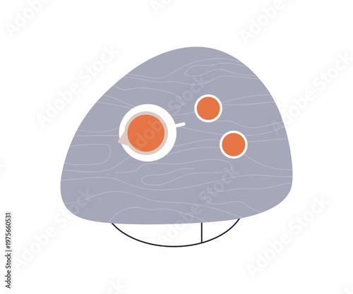 Coffee table with cups and jug, top down view, from above. Small little coffeetable for interior design, floor plan. Furniture from overhead. Flat vector illustration isolated on white background