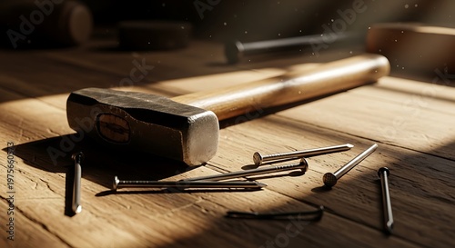 Hammer and Nails on Wooden Surface - Carpentry and Construction Tools.