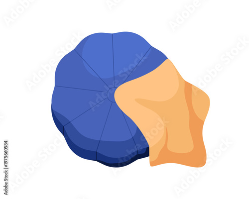 Soft round pouf, top above view. Ottoman with upholstery and draped blanket throw for floor plan, interior design. Furniture, footstool cushion. Flat vector illustration isolated on white background