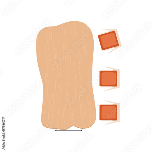 Wooden dining table from uneven oak slab, chairs, top down view for interior design and floor plan. Wood kitchen furniture, from above. Flat vector illustration isolated on white background