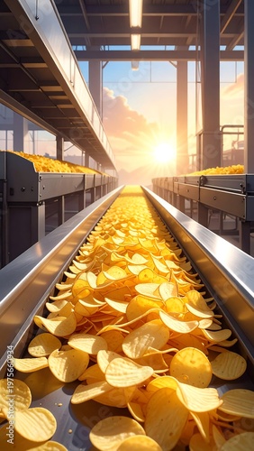 A long conveyor belt of potato chips moving towards a sunset