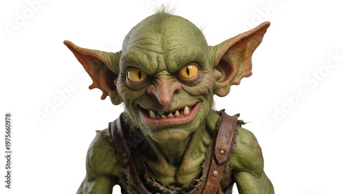 Fotografie Green goblin creature with pointed ears and sharp teeth, isolated on transparent