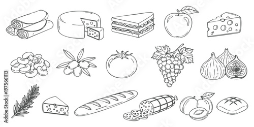Set of hand drawn food icons featuring cheese, bread, fruits, and snacks for restaurant menu design vector illustration