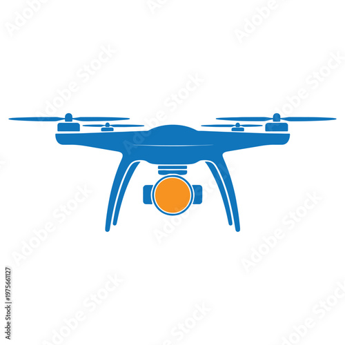 A blue quadcopter drone with an attached camera mounted underneath