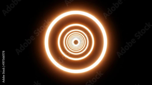 Abstract glowing concentric rings tunnel on black background, futuristic light loop animation for digital backgrounds, sci fi intro screens, motion graphics, and tech presentations