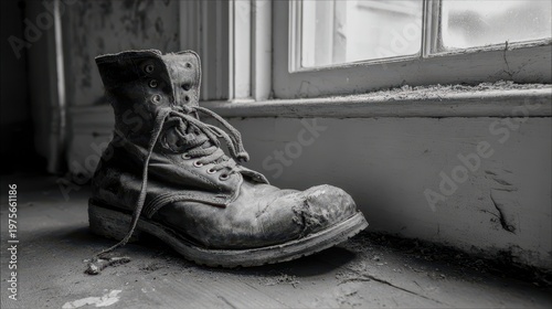 Vintage Leather Work Boot Covered in Glitter Sparkles Resting on a Dusty Windowsill in a Dimly Lit Room Natural Light Shining Through Window Creating a Moody Atmosphere