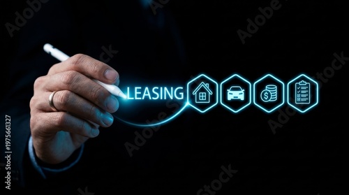 Hand presenting digital leasing icons with glowing effect, representing various leasing options in a business context.