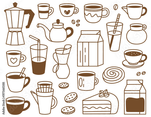 Assorted coffee and tea paraphernalia with baked goods illustration