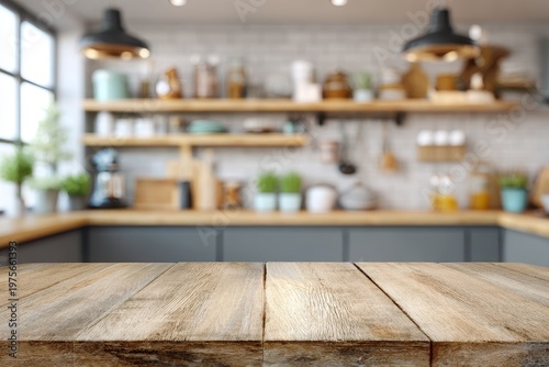 Rustic Wooden Table Foreground with Blurry Modern Kitchen Interior Background Featuring Shelves Appliances and Plants Subtle Lighting Creates a Warm Inviting Atmosphere