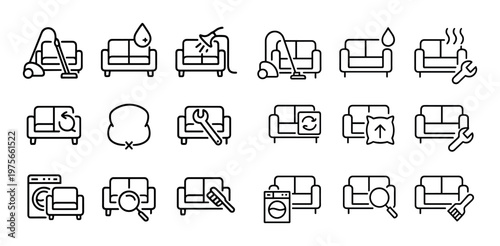 Sofa maintenance and cleaning icons illustrating repair and care