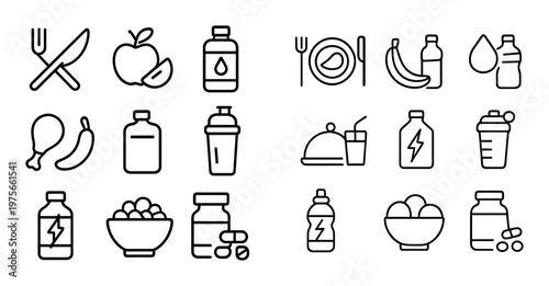 Healthy eating and supplement icons arranged on white background