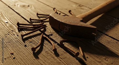 Hammer and Nails on Wooden Surface - Symbol of Construction and Craftsmanship.
