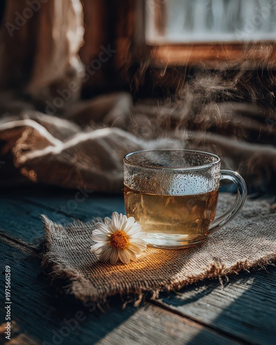 Warm Herbal Tea in a Glass Cup with Flower and Glittering Particles Evokes Cozy Morning Serenity Golden Hour Sunlight Illuminates the Scene