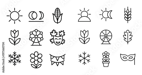 Seasonal and nature icons representing festivals weather and plants
