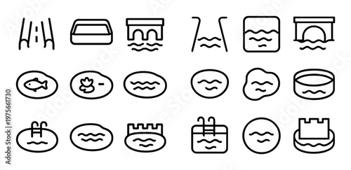 Pool and basin icon set showing water containers and waves