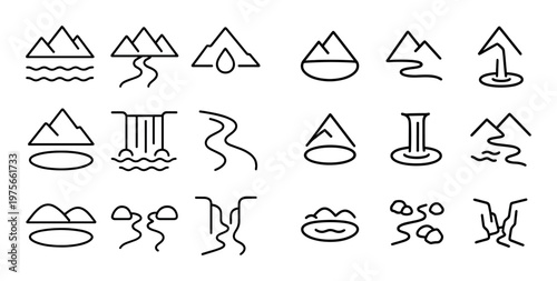 Lake and stream icon set depicting water shapes in grid