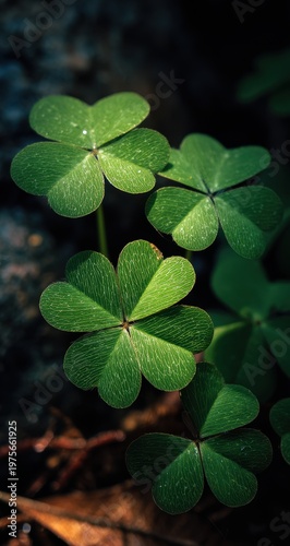 Close-up Macro View of Dew-Kissed Green Clover Leaves with Tiny Water Droplets Sparkling in Soft Natural Light Against a Dark Textured Background Symbolizing Luck and Nature
