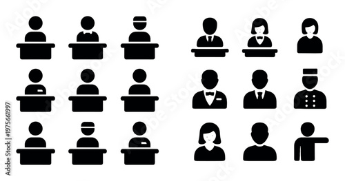 User icons seated and standing at desks and counters
