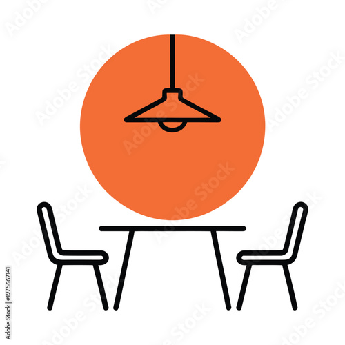 Minimalist dining setup with a hanging pendant light over a round table