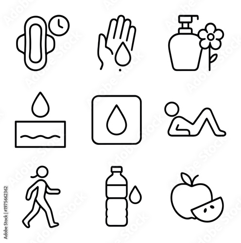 Health and hydration icons showing hygiene and activity symbols