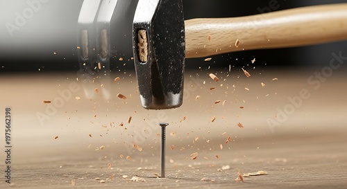 Hammer striking a nail into wood, construction and carpentry concept.