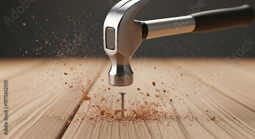 Hammer striking a nail into wooden planks, construction and carpentry concept.