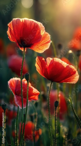 Close up of vibrant red poppy flowers blooming in a sunlit meadow during golden hour with delicate water droplets on petals