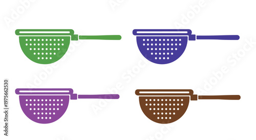 Four colorful kitchen strainers with handles displayed in a grid on a white background, simple flat design