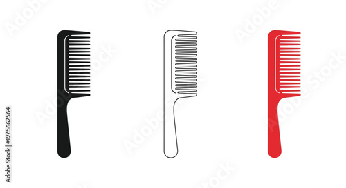 Three different hair combs, including black, red, and outline versions, displayed against a clean white background
