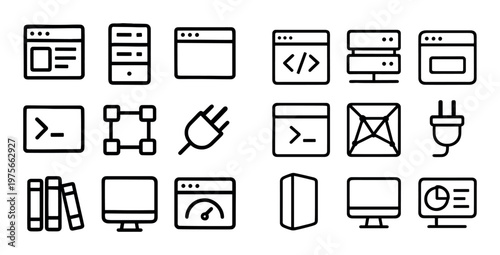 Interface and server icons depicting components and system dashboard
