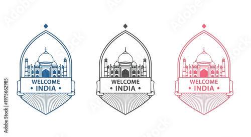 Welcome India emblem featuring the iconic Taj Mahal monument in three different color variations