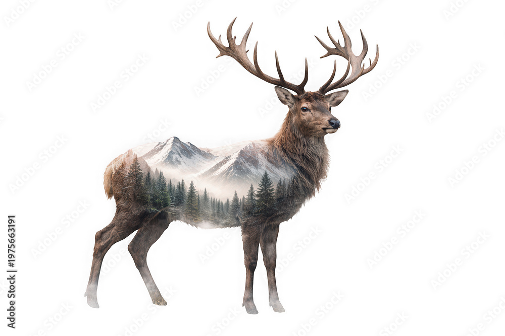 Obraz premium Double exposure stag with mountain landscape inside its body as isolated on transparent background