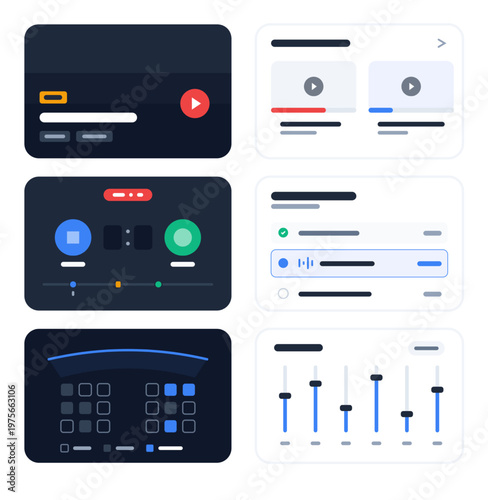 Set of modern media and audio dashboard UI components in light and dark modes