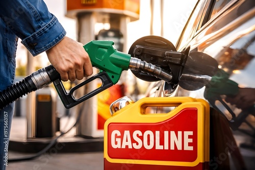 Man Refueling Car at Gas Station with Green Nozzle and Gasoline Canister - Fuel Prices Concept