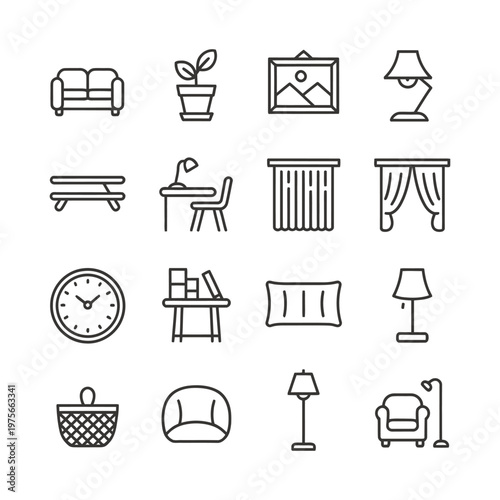 Collection of minimalist icons representing various household and living room items